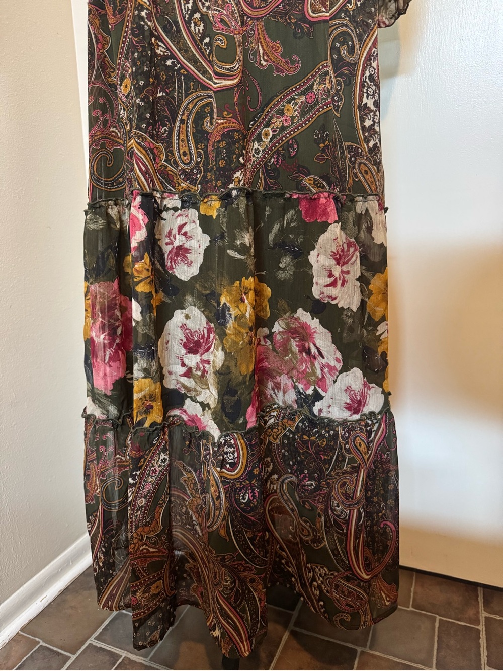 Olive Floral Tiered Maxi Dress with Pink & Yellow Blooms - Picture 7 of 7